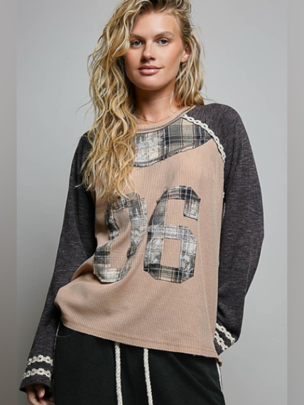 POL Women’s Casual Patchwork Knit Pullover - Taupe and Charcoal
